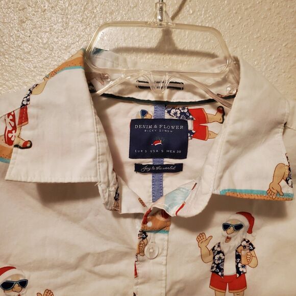 Denim & Flower Brand Santa Claus Surf Hawaiian Style Shirt Men's Size Small - Picture 6 of 16